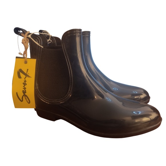 Seven 7 Black Glossy Rain Boots Ankle Chelsea Waterproof Women's - Picture 1 of 6